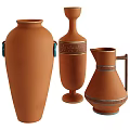 Terracotta Ceramic Vessels Featuring Gold Floral Patterns Blue Accent Lines Double Handled and Handle Jug Design