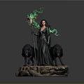 Witch Statue In Black Robe Holding Staff With Green Smoke Two Black Wolves Rock Base