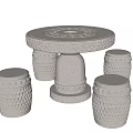 Stone Outdoor Table With Round Carved Tabletop And Four Drum Shaped Stools 3d model
