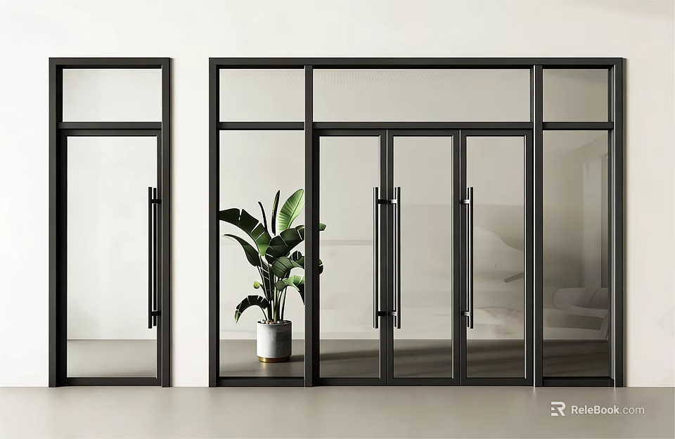 Modern Black Frame Glass Double Doors In Interior With Green Plant 3d model 