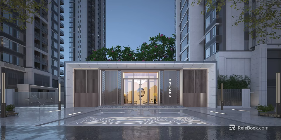 Modern Entrance Gate with High Rise Buildings Green Plants and Decorative Floor 3d model 