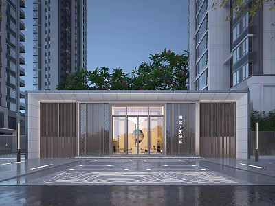 Modern Entrance Gate with High Rise Buildings Green Plants and Decorative Floor 3d model