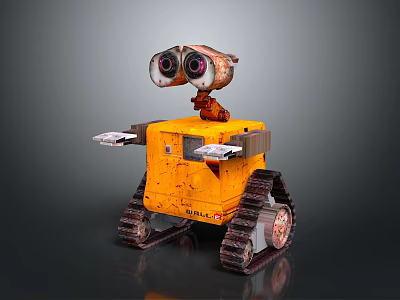 Rusty Yellow WALL E Robot With Large Eyes Mechanical Arms And Tread Tracks 3d model