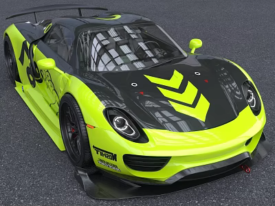 Yellow And Black Racing Sports Car With Aerodynamic Rear Wing And Stripe Design Details 3d model