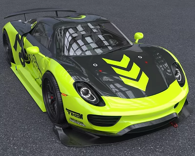 Yellow And Black Racing Sports Car With Aerodynamic Rear Wing And Stripe Design Details 3d model