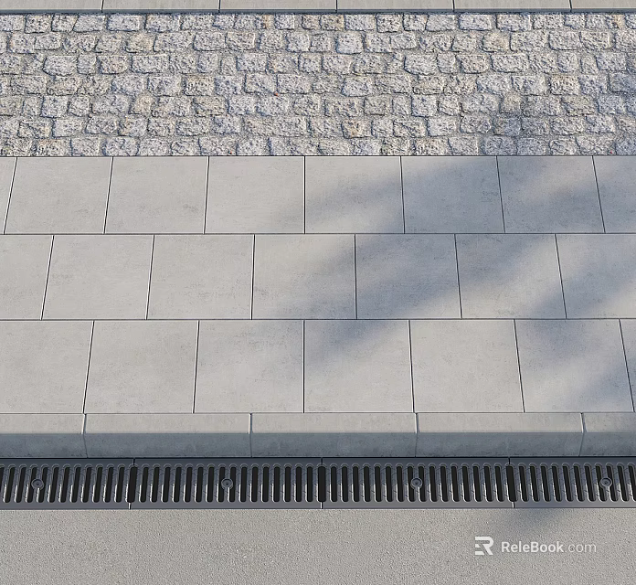 Municipal Road Surface With Stone Paving And Side Drainage Grate 3d model
