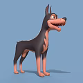 Cartoon Doberman 3D Model Black Brown Coat Standing With Erect Ears Open Mouth Blue Background 3d model