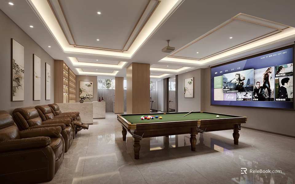 Modern Billiard Room Design With Pool Table Sofas And Large Screen 3d model 