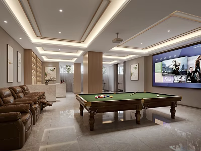 Modern Billiard Room Design With Pool Table Sofas And Large Screen 3d model