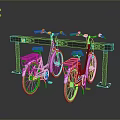 Two Vintage Bicycles Parked On Black Bicycle Rack With Red Seats And White Tires