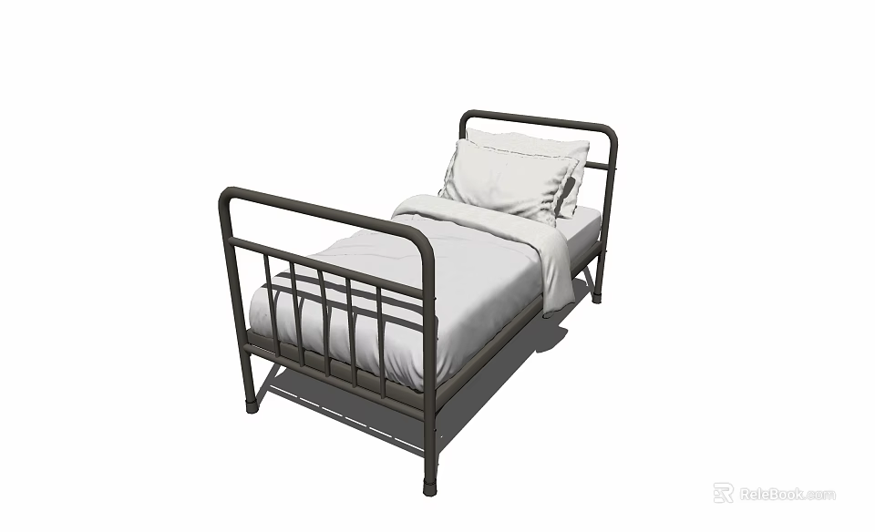 Modern Single Bed With Black Metal Frame And White Mattress Pillow 3d model 