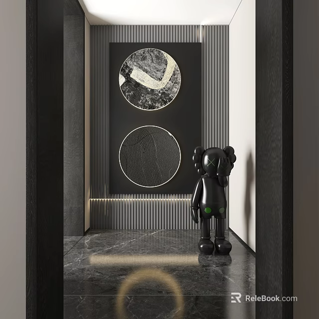 Modern Circular Abstract Paintings On Wall With Black Sculpture And Marble Floor 3d model 