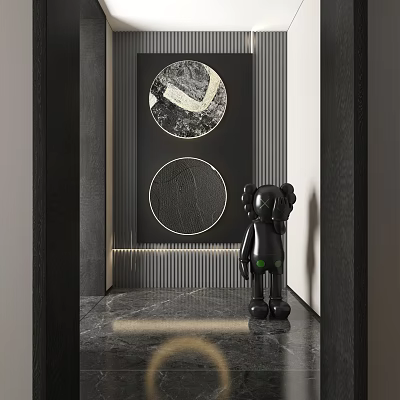 Modern Circular Abstract Paintings On Wall With Black Sculpture And Marble Floor 3d model