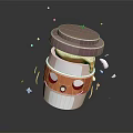 Cute Anthropomorphic Cartoon Bottle With Pink Lid White Orange Body And Sparkles On Dark Background