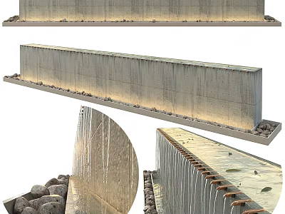 Concrete Landscape Wall With Long Textured Surface And Stone Base Lighting 3d model