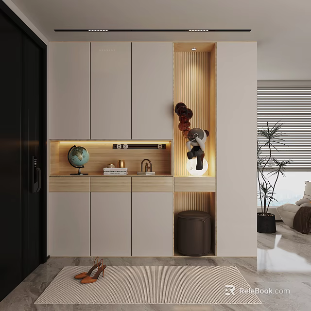 Modern Sleek Shoe Cabinet With White Cabinets Globe Decorations Bag Hanger And Shoe Stool 3d model 