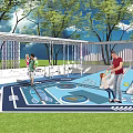 Outdoor Pergola in Children's Play Area With Slides Star Airplane Floor Patterns and Trees
