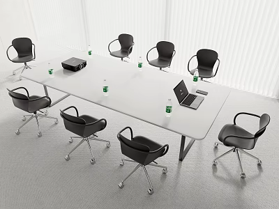 Modern Conference Room Interior With White Table Black Chairs Laptop And Water Bottles 3d model