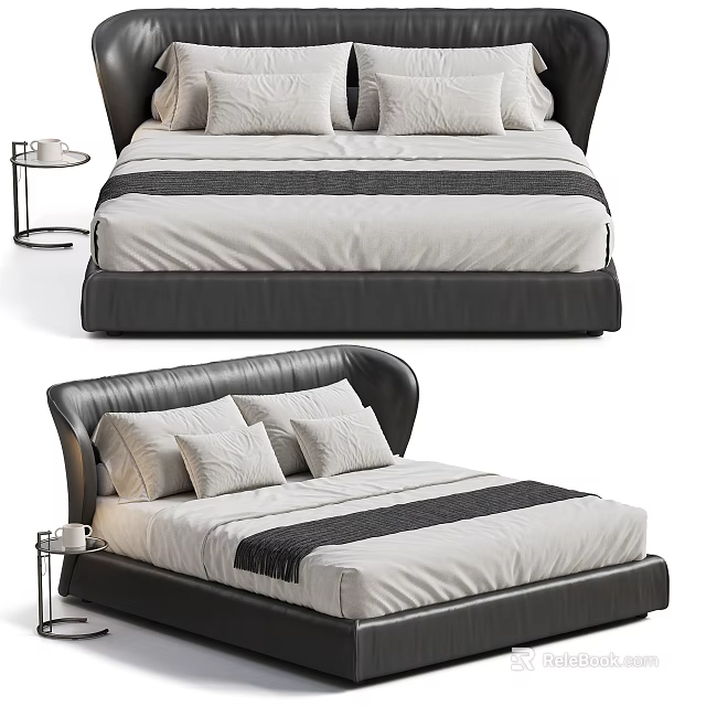 Elegant Double Bed With Black Leather Upholstered Headboard And White Bedding 3d model 