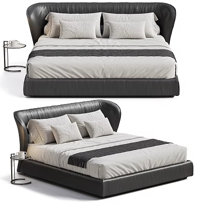 Elegant Double Bed With Black Leather Upholstered Headboard And White Bedding 3d model