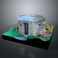 Octagonal Moss Covered Bunker Model With Green Vegetation And Black Base
