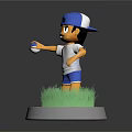 Game Movie Character Wearing Blue Hat White T-shirt Holding Blue Object on Green Grass Base