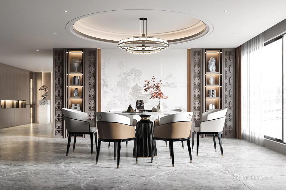 Elegant Modern Restaurant Interior With Round Ceiling Chandelier Dining Table And Chairs 3d model