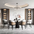 Elegant Modern Restaurant Interior With Round Ceiling Chandelier Dining Table And Chairs