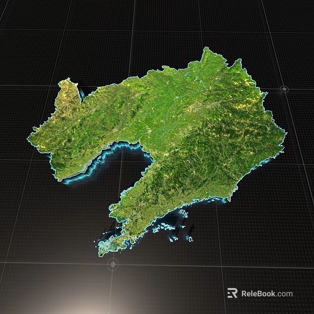 3D Terrain Map Green Land Area With Blue Surrounding Water And Grid Background 3d model 