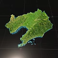 3D Terrain Map Green Land Area With Blue Surrounding Water And Grid Background