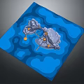 Cartoon Scene With Wavy Blue Background And Gray Islands With Yellow Circles