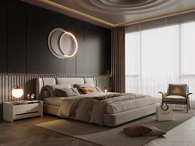 Modern Bedroom Interior Design With Dark Wood Walls Curved Ceiling Round Accent Light Beige Bed 3d model