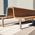 Modern Minimalist Landscape Benches With Wooden Slat Top And Metal Frame On Paved Plaza