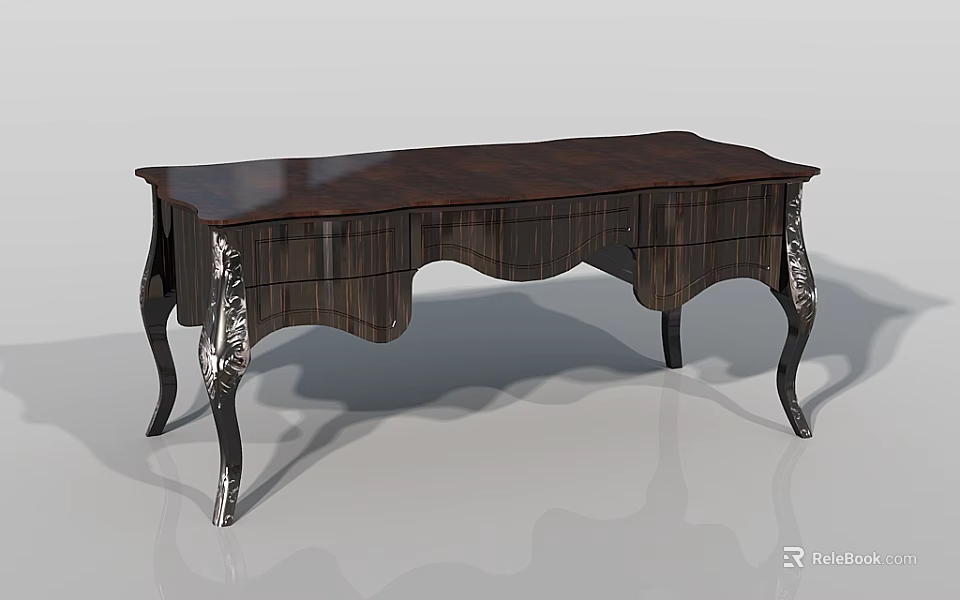 Elegant Dark Wood Desk with Smooth Surface Decorative Carved Legs and Drawers 3d model 