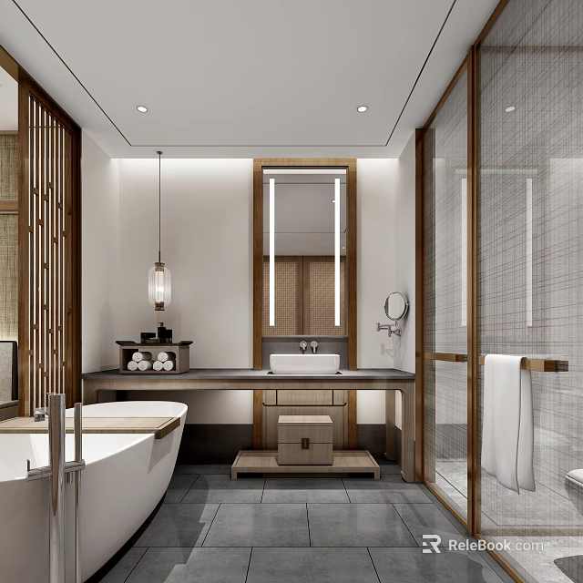 Serene Modern Bathroom Interior With Freestanding Tub Wooden Vanity And Large Mirror 3d model 