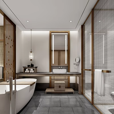 Serene Modern Bathroom Interior With Freestanding Tub Wooden Vanity And Large Mirror 3d model