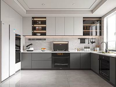 Modern Open Kitchen Interior Design With Island Counter Cabinets And Appliances 3d model