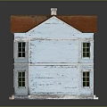 Cartoon Style Blue Two Story House with Red Roof Multiple Windows and Porch Steps
