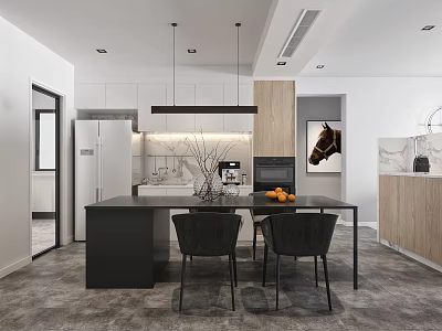 Modern Restaurant Interior With Open Kitchen White Cabinets Black Table Fruit Decor And Horse Artwork 3d model