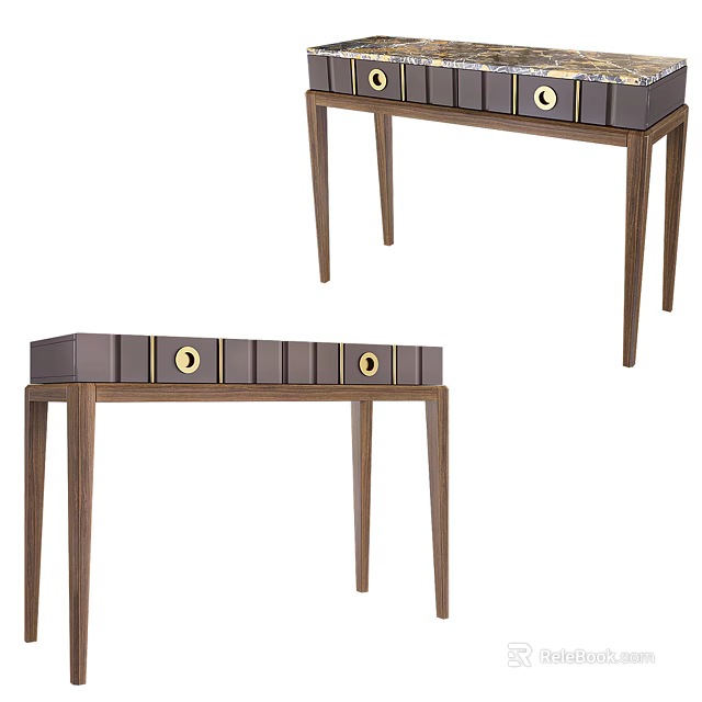Elegant Walnut Console Table With Modern Wooden Frame And Golden Knob Drawers 3d model 