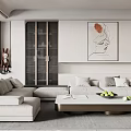 Modern Living Room Interior Featuring L Shaped Sofa Abstract Painting Coffee Table And Green Apples
