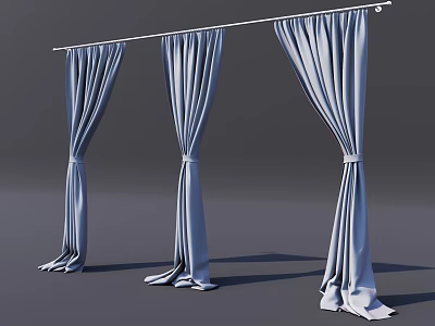 Elegant Light Blue Curtains Three Panels with Tiebacks Hanging On Rod 3d model