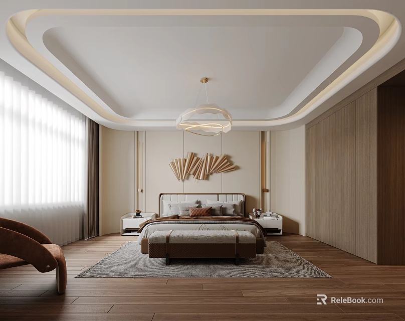Modern Luxury Bedroom Interior With King Bed Wooden Panel Walls Area Rug And Pendant Light 3d model 