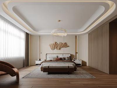Modern Luxury Bedroom Interior With King Bed Wooden Panel Walls Area Rug And Pendant Light 3d model