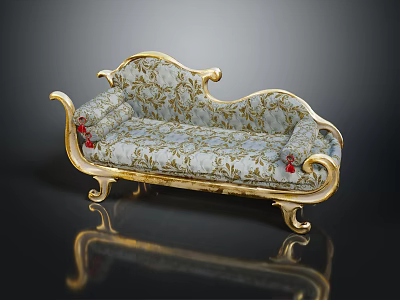 Luxurious Chaise Lounge with Gold Frame and Floral Fabric Red Accents 3d model