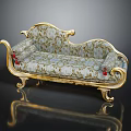 Luxurious Chaise Lounge with Gold Frame and Floral Fabric Red Accents