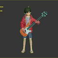 Game Movie Character with Red Jacket Gray T-shirt Blue Shorts Sandals Holding Orange Electric Guitar