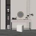Modern Dressing Table With Round Mirror Cosmetic Items And White Stool