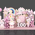 Pink Themed Photo Taking Spot With Castle Rainbow Rabbit Dolls Balloons For Baby's 100th Day