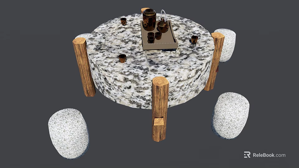 Round Marble Top Table Set With Wooden Legs And Stone Stools 3d model